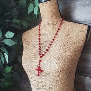 Red Beaded Rosary Prayer Beads Necklace